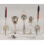SIX SILVER CADDY AND MUSTARD SPOONS.