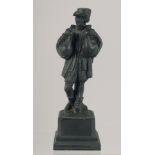 A SMALL CAST BRONZE FIGURE OF A MAN STANDING ON A PLINTH, with a goose in each arm. 15cm high.