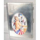 A GOOD LARGE HEAVY ENGINE TURNED CIGARETTE CASE with and oval enamel of a glamour nude and