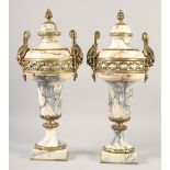 A VERY GOOD PAIR OF LOUIS XVI MANNER VEINED MARBLE GILT BRONZE CASSOLETTES with pineapple finials