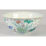 A CHINESE DOUCAI PORCELAIN PETAL FORM BOWL painted with fish and aquatic flora. 23xm diameter.