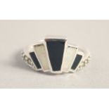 A SILVER ART DECO DESIGN ONYX, OPAL AND MARCASITE RING.