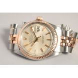 A 1970'S VINTAGE ROLEX STAINLESS STEEL AND GOLD WRISTWATCH, OYSTER PERPETUAL DATE JUST.