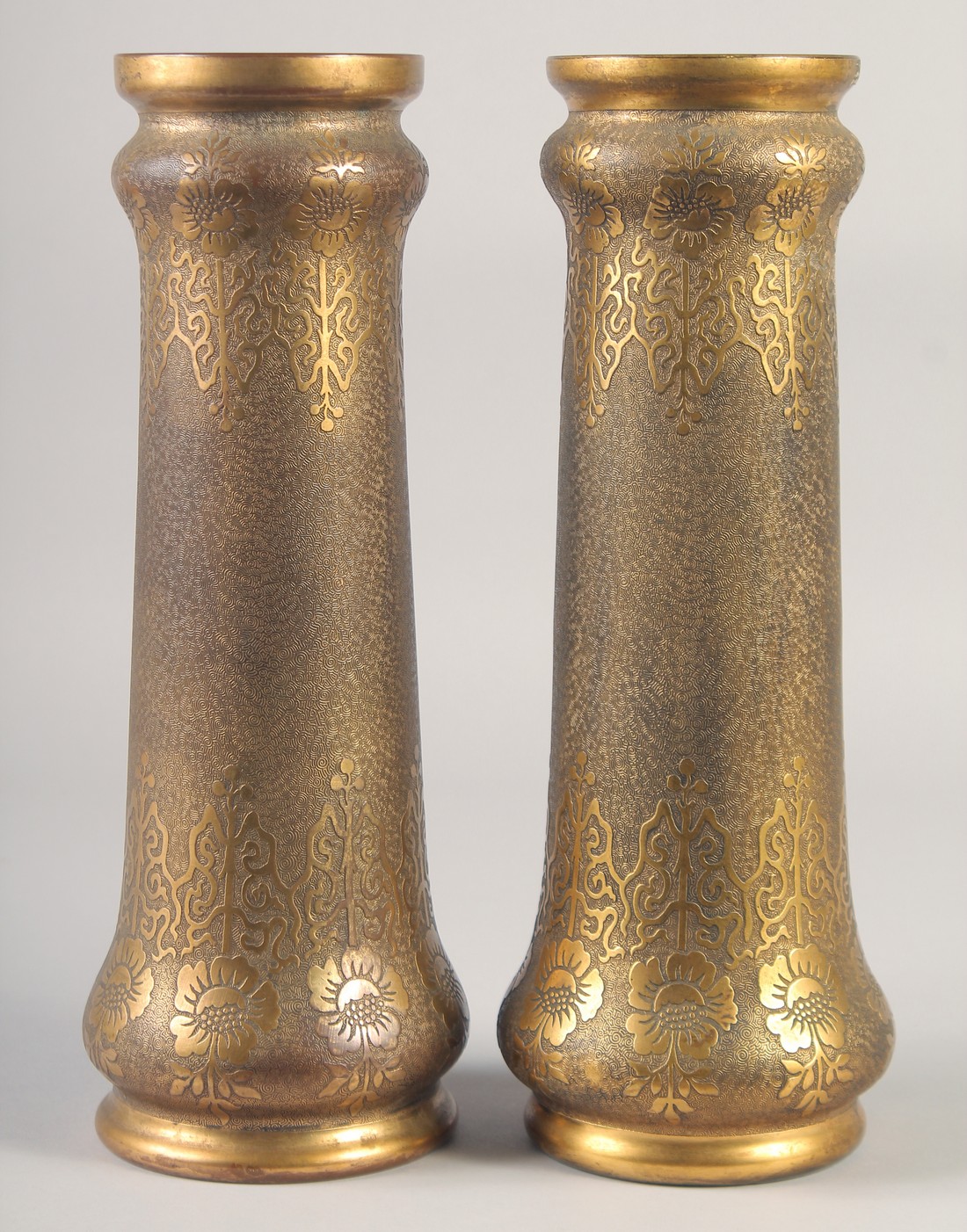 A SUPERB PAIR OF VAL ST. LAMBERT - GALVANO PLASTIE METAL AND ENAMEL VASES. 13ins.