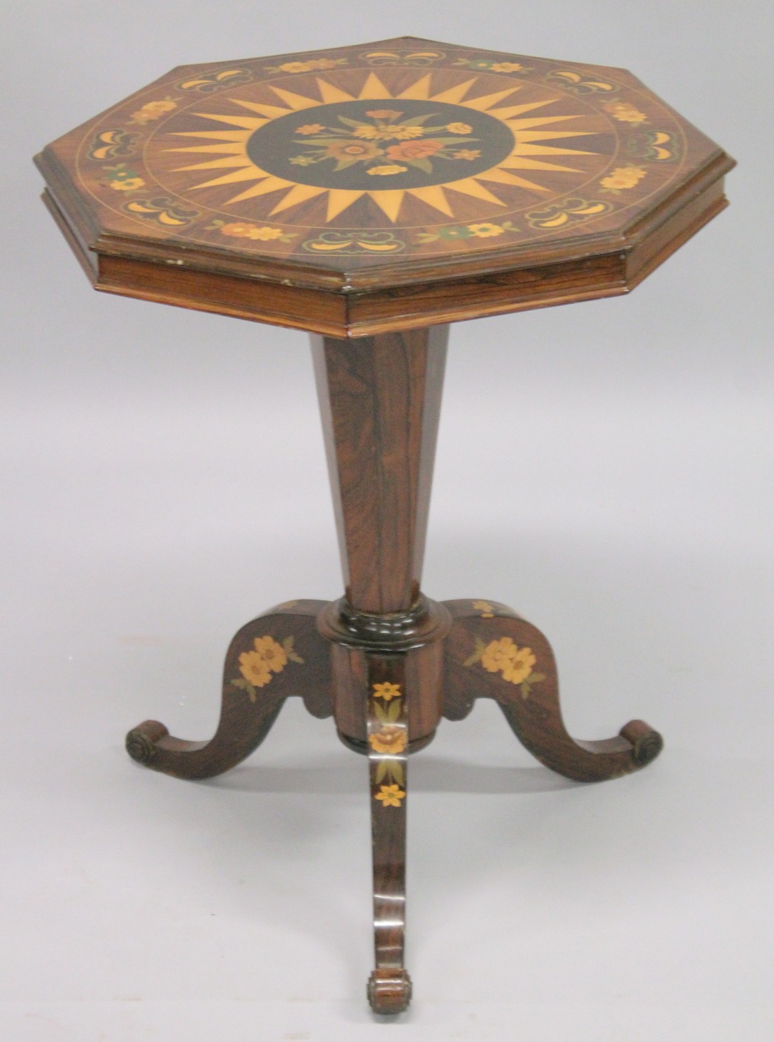 A GOOD 19TH CENTURY IRISH TILT TOP ROSEWOOD AND MARQUETRY OCTAGONAL TOP TRIPOD TABLE with star and - Image 2 of 4