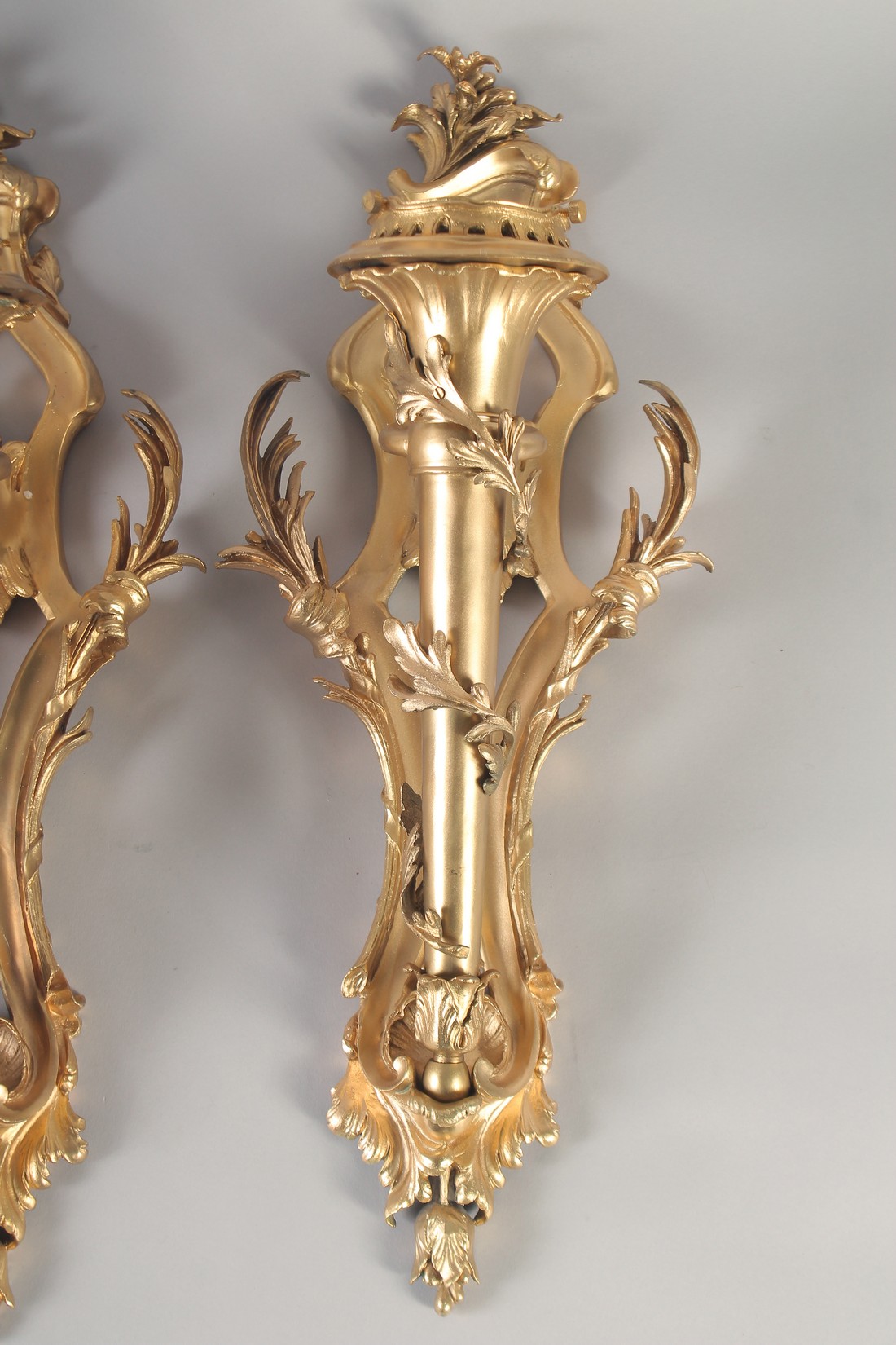 A VERY GOOD PAIR OF GILT BRONZE WALL CORNETS with acanthus scrolls and torch. 24ins long. - Image 3 of 3