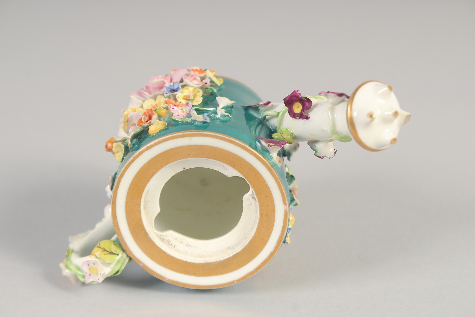 A 19TH CENTURY DERBY MINIATURE FLORAL ENCRUSTED WATER SPRINKLER with green ground, crown 'D' in - Image 6 of 7