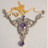 A 9CT GOLD AND SILVER AMETHYST AND DIAMOND NECKLACE.