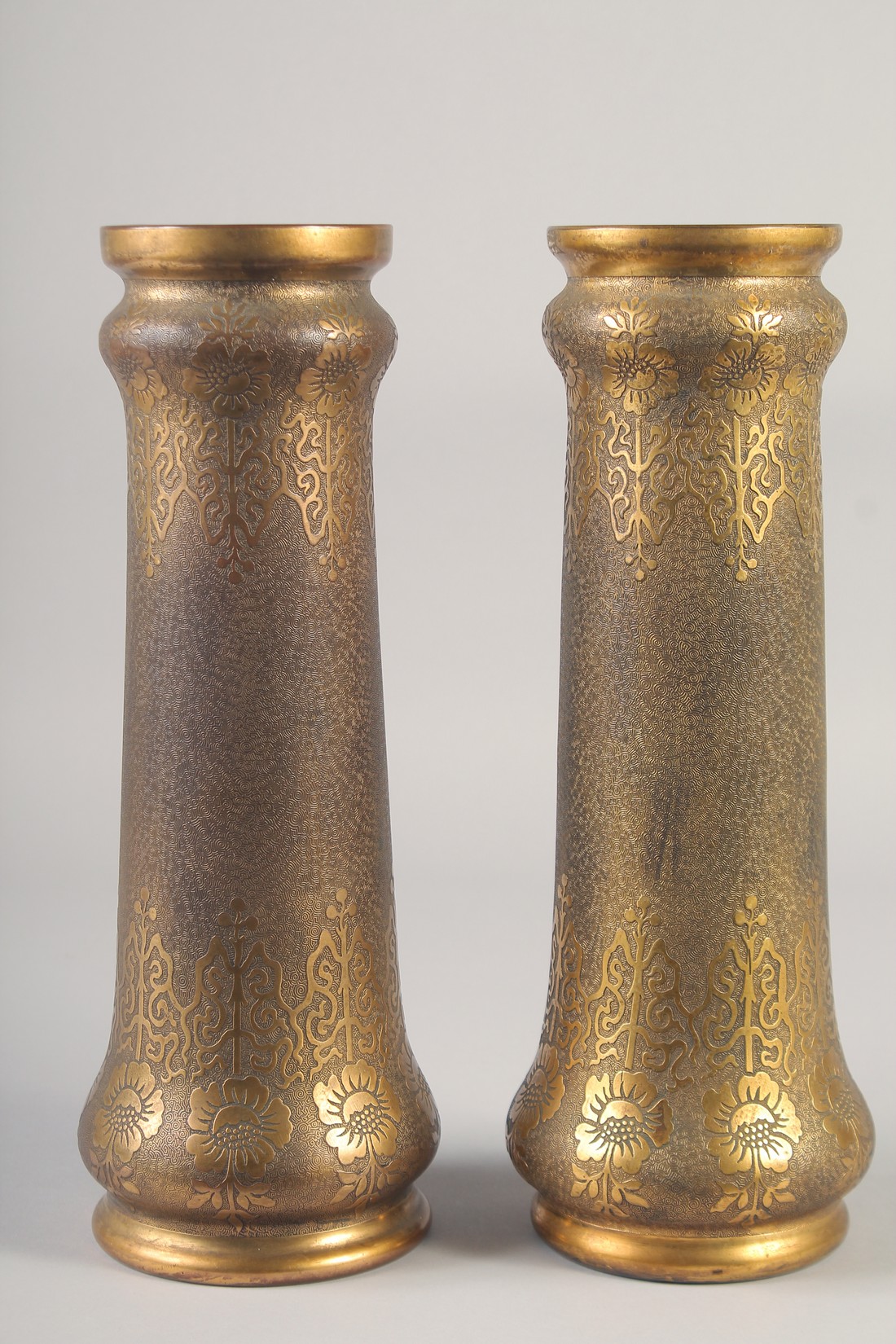 A SUPERB PAIR OF VAL ST. LAMBERT - GALVANO PLASTIE METAL AND ENAMEL VASES. 13ins. - Image 3 of 5