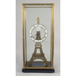 A LARGE EIFFEL TOWER SKELETON CLOCK with enamel dial, in a glass case.