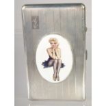 A GOOD LARGE HEAVY ENGINE TURNED CIGARETTE CASE with and oval enamel of a glamour girl. 5.5ins x 3.5