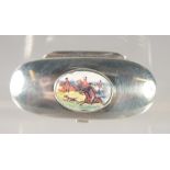 A SMALL SILVER OVAL PILL BOX with an enamel oval of The Hunt. 0.75ins x 1.75ins.