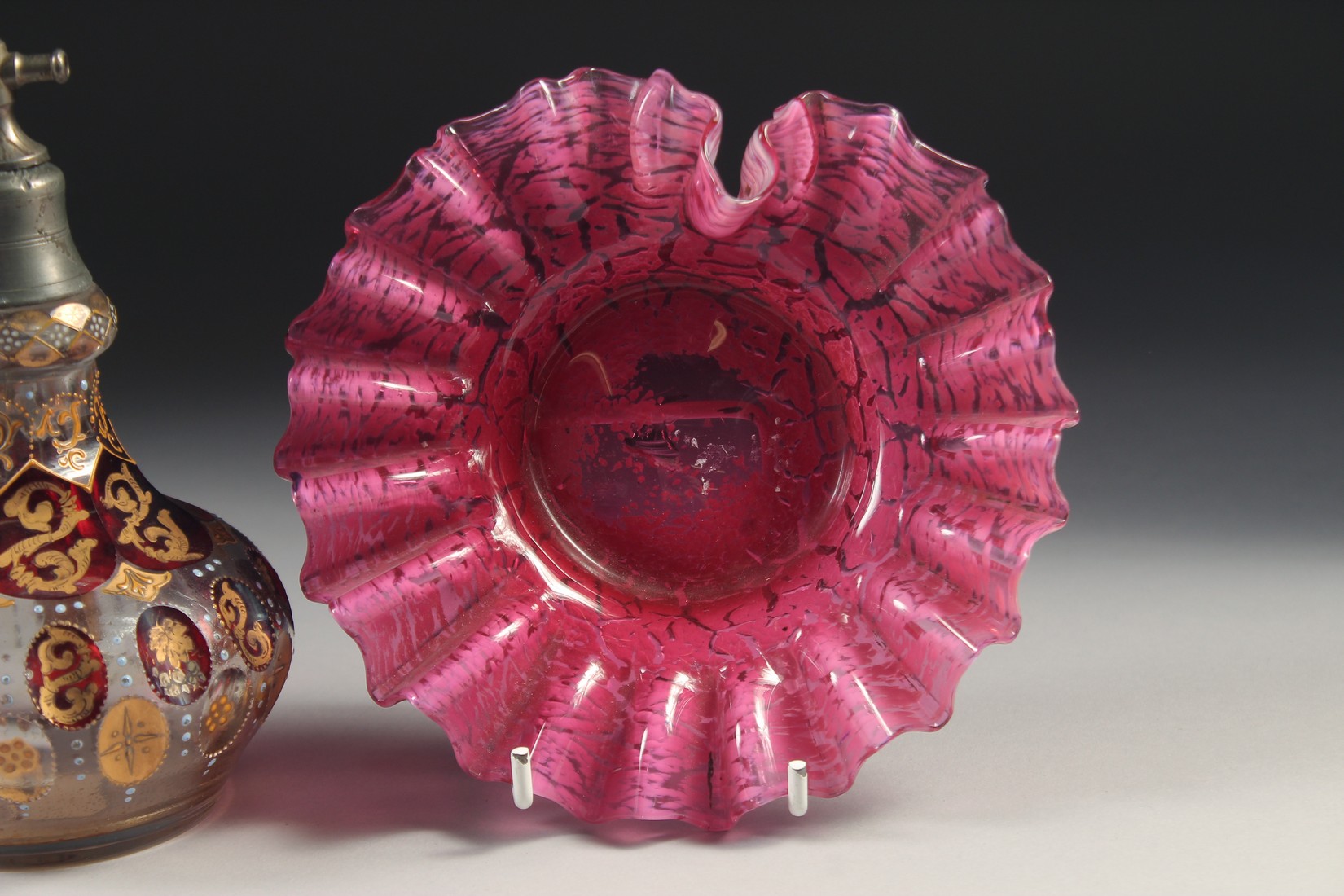 FOUR SMALL PIECES OF BOHEMIAN GLASS; SCENT BOTTLE, SMALL VASE, OVAL DISH & CIRCULAR DISH. (4). - Image 5 of 6