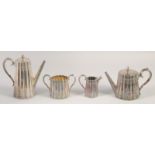 A VICTORIAN SILVER BAMBOO DESIGN FOUR PIECE TEA SET, comprising: tea pot, hot water jug, sugar basin