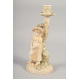 A LATE 19TH CENTURY ROYAL WORCESTER HADLEY STYLE BLUSH IVORY CANDLESTICK FIGURE OF A GIRL,