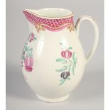 AN 18TH CENTURY WORCESTER JUG painted with flowers and an internal pink diaper border.