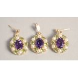 A 9CT GOLD AMETHYST, PERIDOT AND PEARL PENDANT AND EARRINGS.