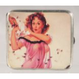 A SILVER CIGARETTE CASE BY MAPPIN AND WEBB, with later enamel decoration of a scantily clad woman.