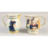 A LORD WELLINGTON & NELSON JUG. 6ins & 5.75ins high.