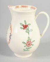 AN 18TH CENTURY WORCESTER JUG painted in Chinese export style with flowers in a gilt painted and
