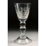 A LARGE WINE GLASS, the bowl engraved with two men fishing. 7.5in