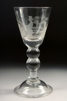 A LARGE WINE GLASS, the bowl engraved with two men fishing. 7.5in