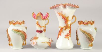 A SUPERB 19TH CENTURY FRENCH OPALINE SUITE OF FOUR VASES decorated in relief with fruit. 11ins, 9.