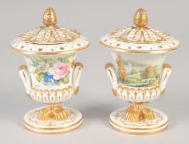 19TH CENTURY DERBY PAIR OF POTPOURRI VASES AND COVERS each side painted with either flowers or