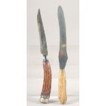 TWO KNIVES, with antler handles, (2).