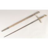 A REPLICA OF A KNIGHTLY SWORD, early 20th century, slender fullered straight pointed 29in blade,