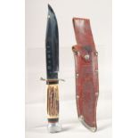 THE ORIGINAL LINDER-MESSER SOLINGEN KNIFE, with antler handle in a leather case.