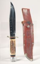 THE ORIGINAL LINDER-MESSER SOLINGEN KNIFE, with antler handle in a leather case.