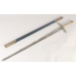 A THEATRICAL REPLICA OF A KNIGHTLY SWORD, early 20th century, straight pointed 33.5 in blade, cast