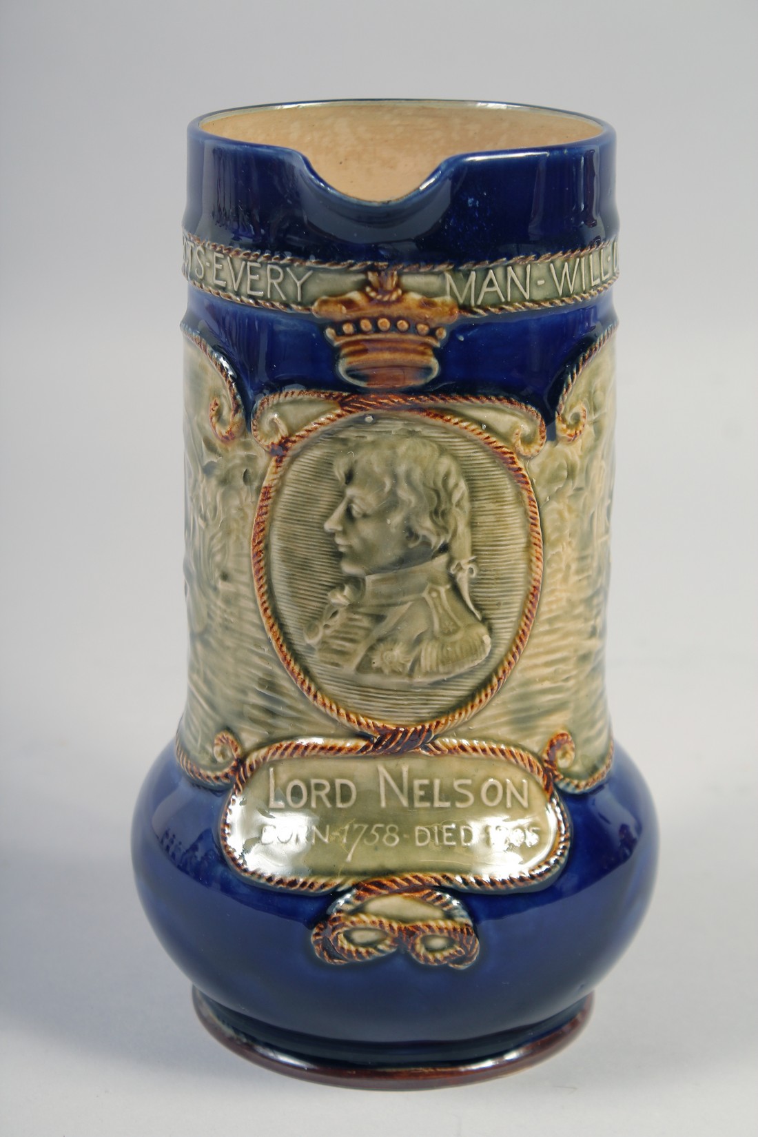 A ROYAL DOULTON STONEWARE JUG, "Lord Nelson born 1758 died 1805", 8". - Image 2 of 7
