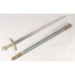 A THEATRICAL REPLICA OF A KNIGHTLY SWORD, early 20th century, straight edged pointed 28.5 in