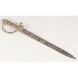 A GERMAN HUNTING SWORD, early 19th century. straight double edged blue & gilt decorated blade, brass