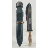 WAIDBLATT ORIGINAL EICKHORN SOLINGEN KNIFE, with antler handle, 13" long, in a leather sheath.