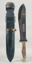 WAIDBLATT ORIGINAL EICKHORN SOLINGEN KNIFE, with antler handle, 13" long, in a leather sheath.