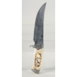 A KNIFE WITH A STAINLESS STEEL BLADE, engraved with a fox and cubs with antler handle carved and