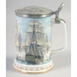 ROYAL WORCESTER, Nelson Victory at Trafalgar jug, with pewter lid, 6".