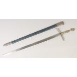 A REPLICA OF A KNIGHTLY SWORD, early 20th century, straight pointed 34in blade, cast brass hilt,