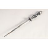 A STEEL STILETTO, mid-19th century, straight diamond shaped blade, fluted disc guard, wire grip &