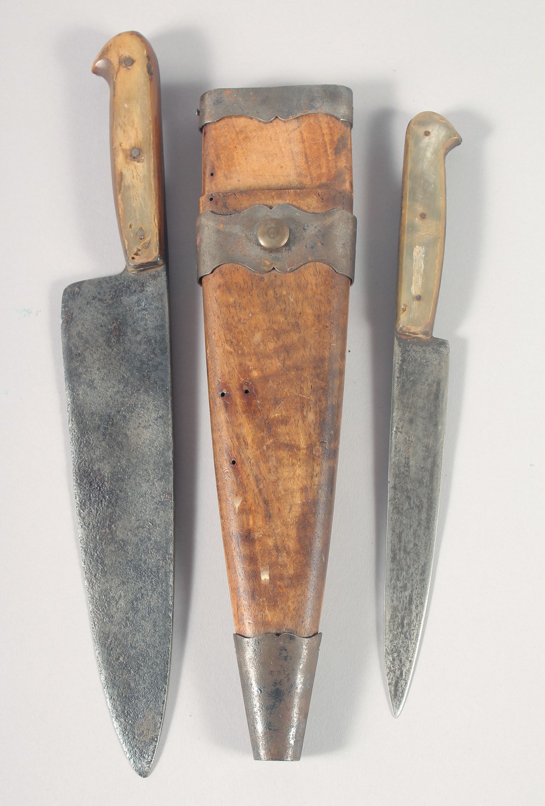 AN EARLY BORDET KNIFE 13" LONG AND A ACIER FONJU KNIFE 11" LONG, both with horn handles, in a