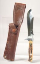 A PUMA WHITE HUNTER II 6377 PUMASTER STEEL, with antler handle, 10.5" long, in a leather case.