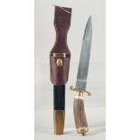 VIVE LE ROY ET SES CHASSEURS KNIFE, with an antler handle, 13" long, in a leather sheath.