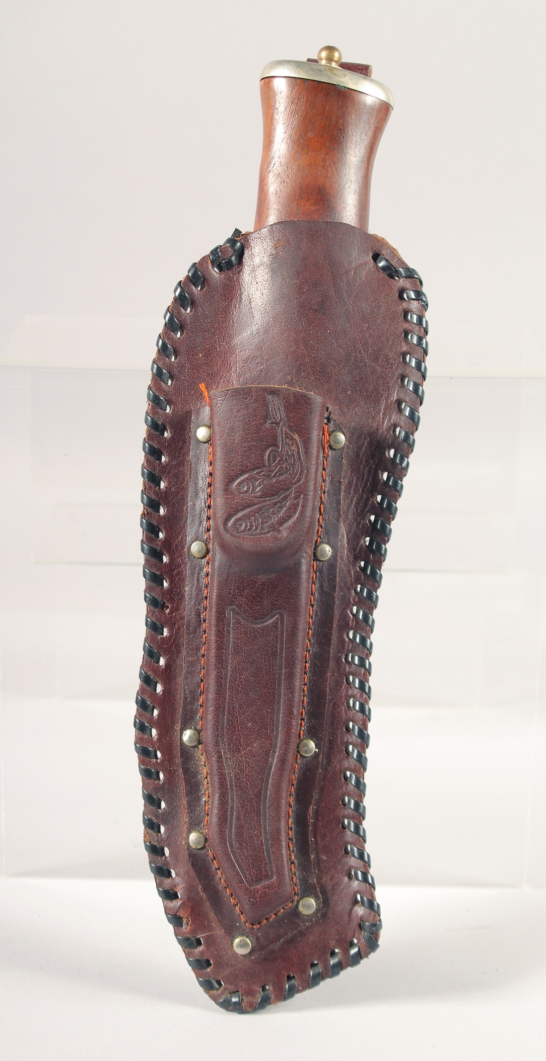 A KNIFE, with wooden handle, in a leather sheath, 11" long. - Image 4 of 4