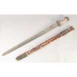 A REPLICA OF A VIKING SWORD, early 20th century, wide straight pointed 33in blade, hilt with leather