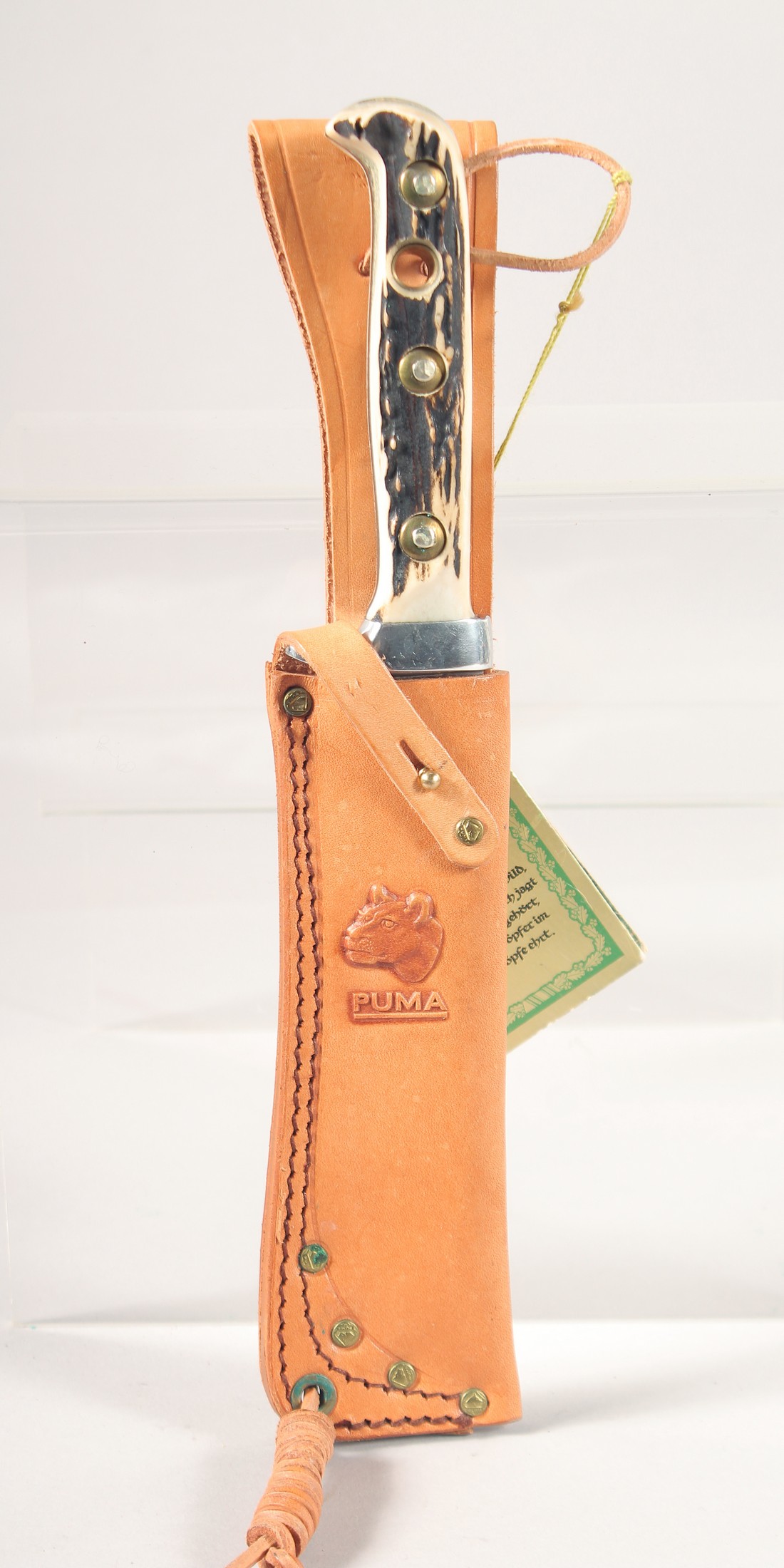 A PUMA WHITE HUNTER KNIFE 6377, with antler handle in a leather sheath, 10" long. - Image 7 of 7