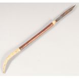 A LONG BONE AND WOOD HANDLE KNIFE, 15" long.