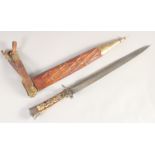 A GERMAN HUNTING DIRK, mid-19th century, stiff fullered spear pointed blade with gold inlaid running